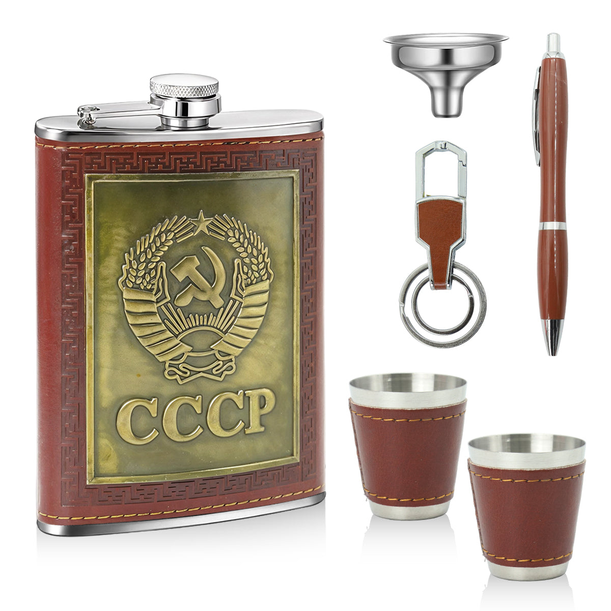 HASTHIP Set of 6pcs 8 Oz Stainless Steel Whisky Flask Bottle Gift Box CCCP Embossed PU Finish with Funnel, Drinking Cups, Keyring, Pen, Liquor Flask Set for Men, Ideal Father's Day Gift HASTHIP Set of 6pcs 8 Oz Stainless Steel Whisky Flask Bottle Gift Box CCCP Embossed PU Finish with Funnel, Drinking Cups, Keyring, Pen, Liquor Flask Set for Men, Ideal Father's Day Gift